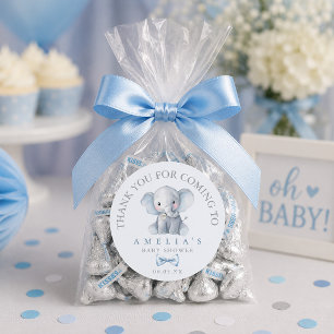 Blå Elefant Blå Bebis Baby Shower Tacksamhetskort Runt Klistermärke