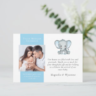 Blå Elefant Foto Ny Bebis Tack Kort