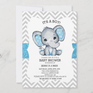 Blå Elefant Glitter Chevron Babyfest Inbjudningar