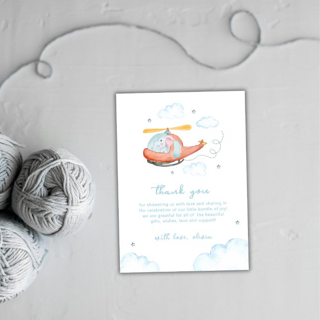 Blå Elefant Helikopter Flygplan Bebis Duschar  Tack Kort (Blue Elephant Helicopter Airplane Baby Shower Thank You Card)
