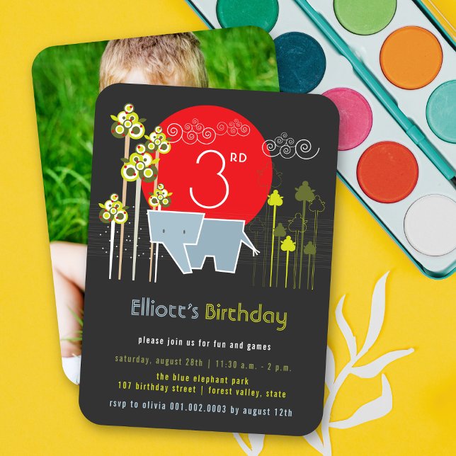 Blå Elefant i Skogen Pojkarnas Födelsedagsfest Inbjudningar (Blue Elephant In The Forest Kid's Birthday Party Photo Invitation Card @ fat_fa_tin)
