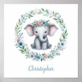 Blå Elefant med Blommig Krans Poster