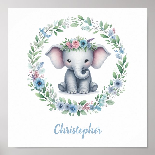 Blå Elefant med Blommig Krans Poster (Framsidan)