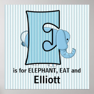 Blå Elefant Monogram E Babyrum Poster