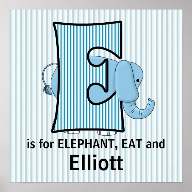 Blå Elefant Monogram E Babyrum Poster (Framsidan)