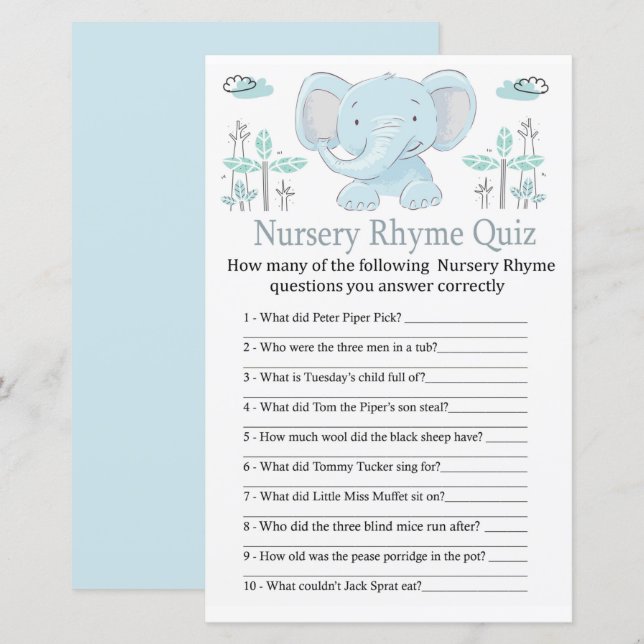 Blå elefant Nursery Rhyme Quiz-babyduschspel (Fram/baksida)