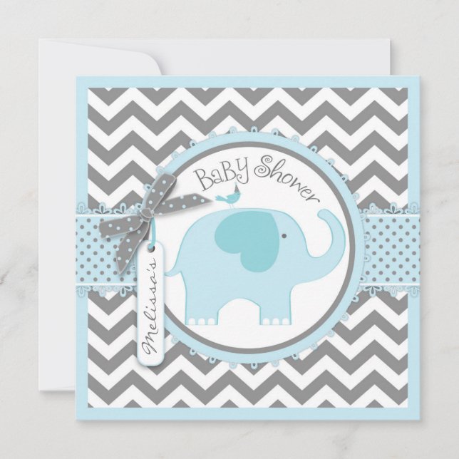 Blå elefant- och Chevron Print Baby Shower Inbjudningar (Framsida)