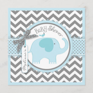 Blå elefant- och Chevron Print Baby Shower Inbjudningar