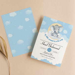 Blå Elefant Pojke Baby Shower Inbjudan