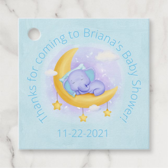 Blå Elefant Pojke Babyshower Gåvor Etiketter (Framsida)