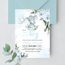 Blå Elefant Pojke Bebis Bjudning Inbjudan