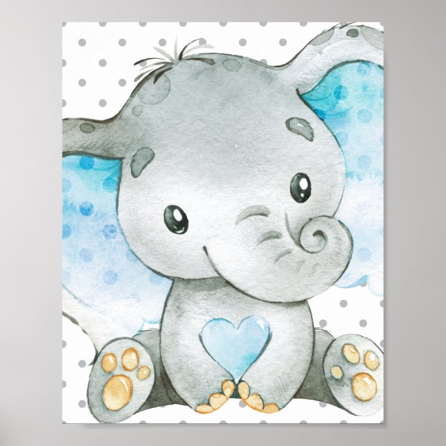 Blå elefant Pojke Nursery Wall Art Gift Poster (Framsidan)
