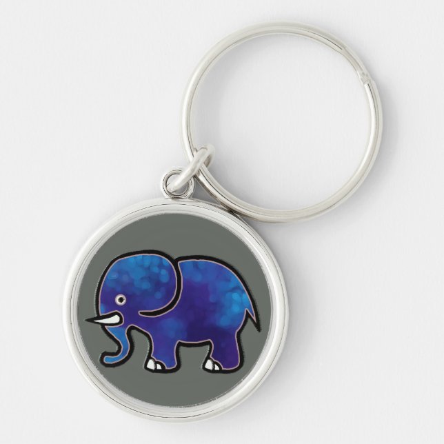 blå elefant rund silverfärgad nyckelring (Framsidan)