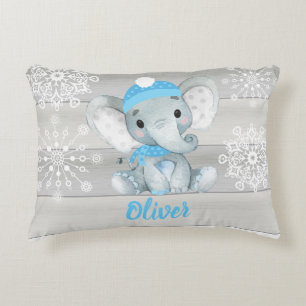 Blå elefant-snöflake-grått Anpassat namn Pillow Prydnadskudde