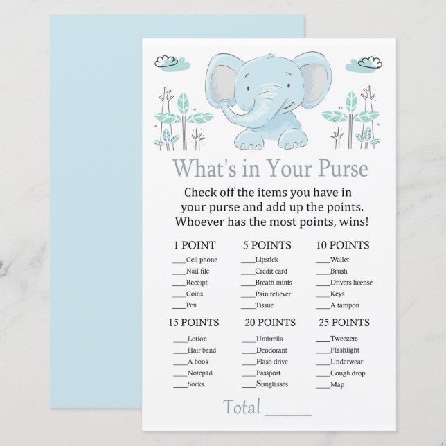 Blå elefant Vad är det i ditt purse-spel? (Fram/baksida)