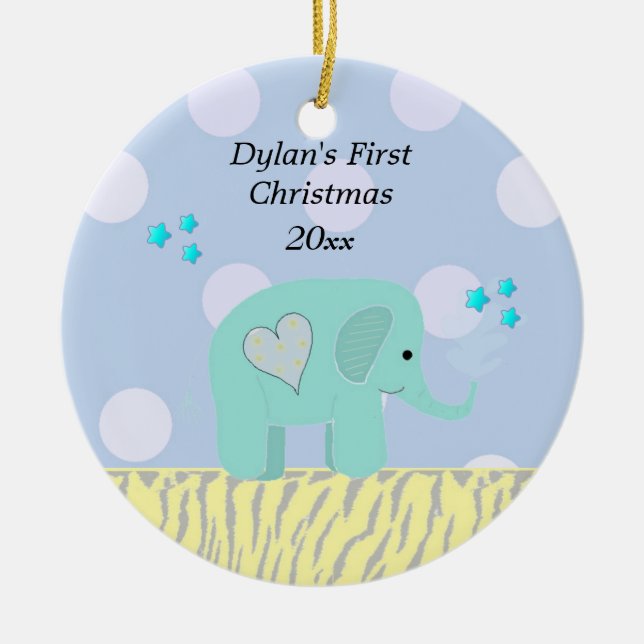 Blå Elefantbaby Första Jul Julgransprydnad Keramik (Framsidan)
