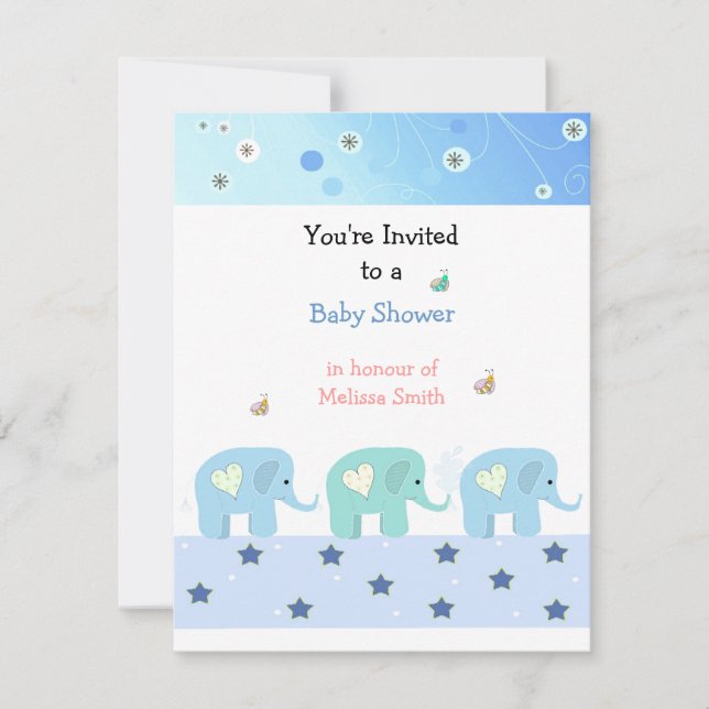 Blå Elefanter Baby Shower Inbjudan (Framsida)
