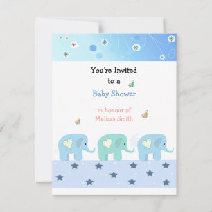 Blå Elefanter Baby Shower Inbjudan