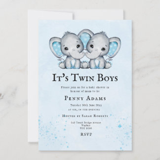 Blå Elefanter Tvillingar Baby Shower Inbjudan 