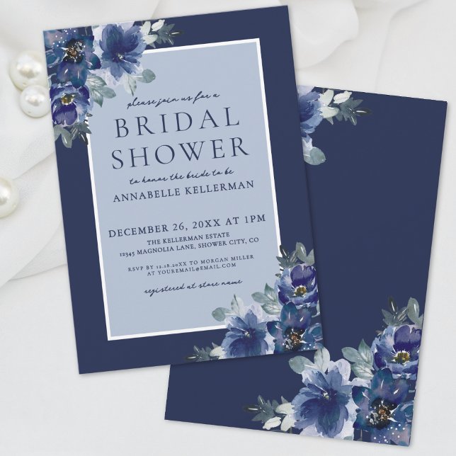 Blå Elegant Akvarell Blommig Bröllopsdusch Inbjudningar (Blue Elegant Watercolor Floral Bridal Shower Invitation)
