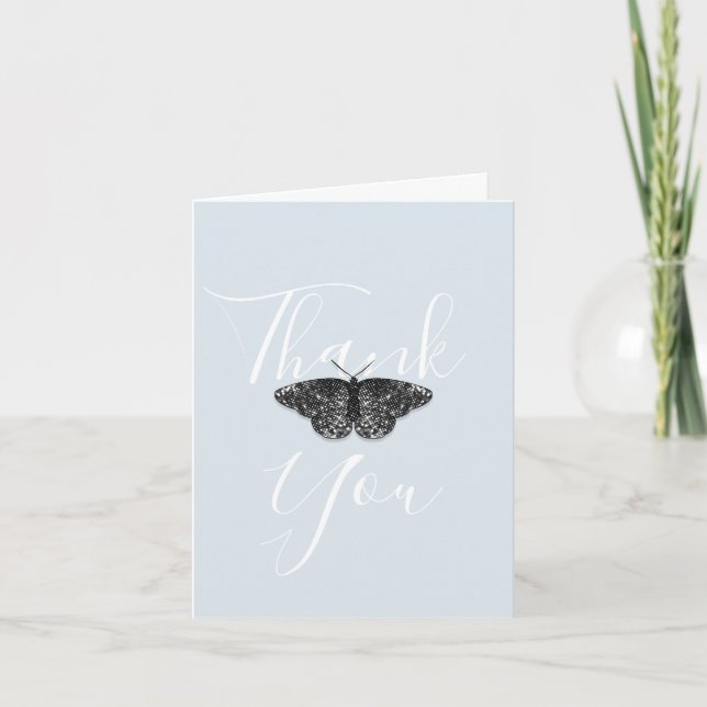 Blå elegant Black Glitter Butterfly Blue-Folket Tack Kort (Framsida)