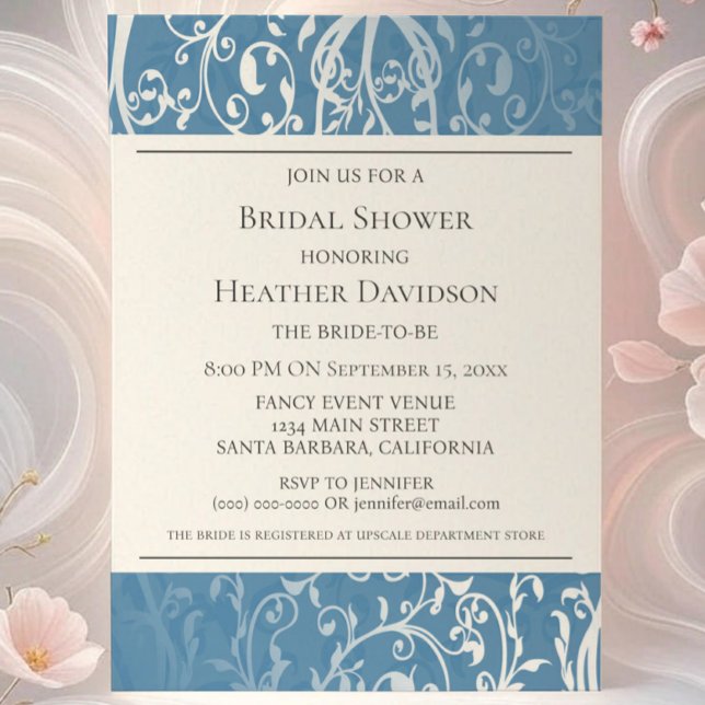 Blå Elegant, blommande Möhippa Inbjudan (Blue Elegant Flourish Bridal Shower Invite)