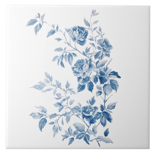 Blå Elegant Blommig Vintage Design Kakelplatta (Framsidan)