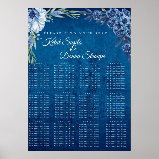 Blå elegant blomster sommar bröllop placeringskart poster (Framsidan)