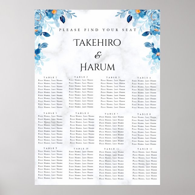 Blå elegant blomster sommar bröllop placeringskart poster (Framsidan)
