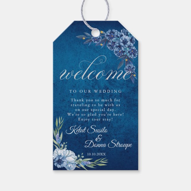 Blå elegant blomster sommarbröllop presentetikett (Framsidan)