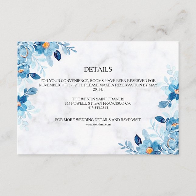 Blå elegant blomster sommarbröllop tilläggskort (Framsida)