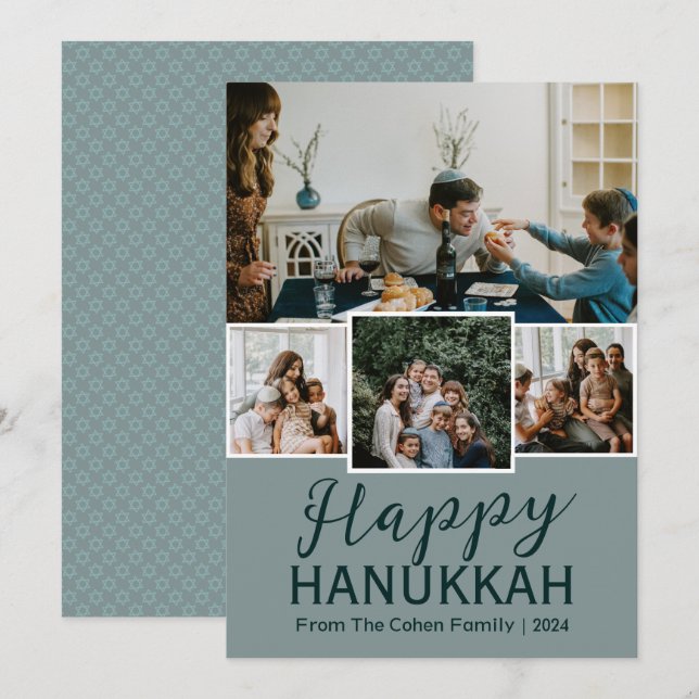 Blå Elegant Blue Lycklig Hanukkah-fotokollage Julkort (Fram/baksida)