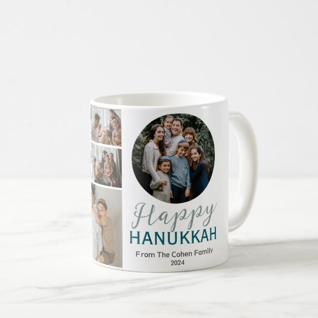 Blå Elegant Blue Lycklig Hanukkah-fotokollage Kaffemugg (Framsida höger)