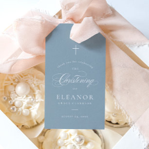 Blå Elegant Calligraphy Christening Favor Presentetikett
