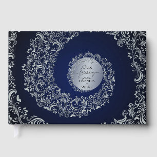 Blå Elegant Damask Bröllop Gästböcker