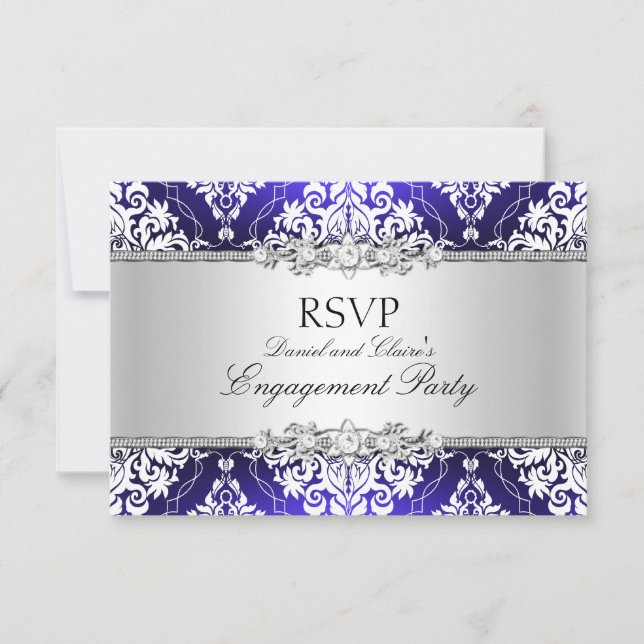Blå Elegant Damast Förlovningsfest RSVP Inbjudningar (Framsida)
