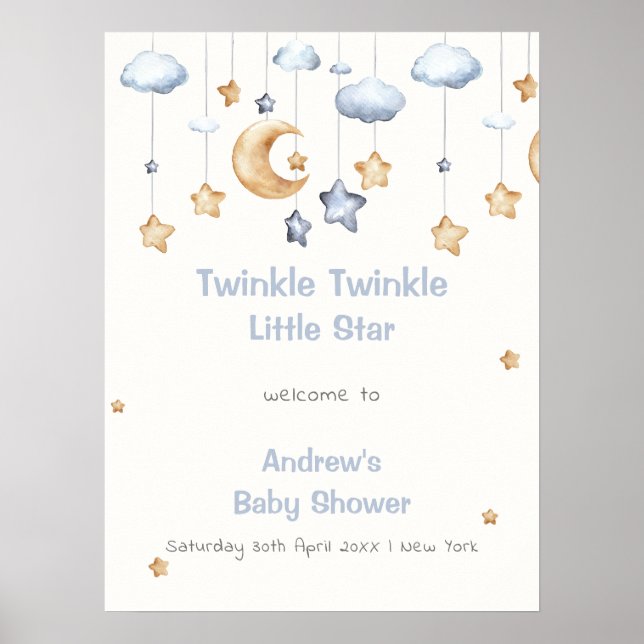 Blå Elegant Glitter Glitter Baby Shower Välkommen Poster (Framsidan)