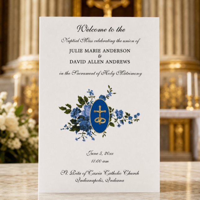 Blå elegant katolskt bröllopsprogram  Pappersvaror Brevpapper (Skapare uppladdad)