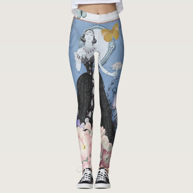 Blå elegant kvinna blomklänning snygg leggings (Framsida)