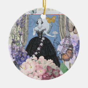 Blå elegant kvinna Blommig fin klänning  Julgransprydnad Keramik