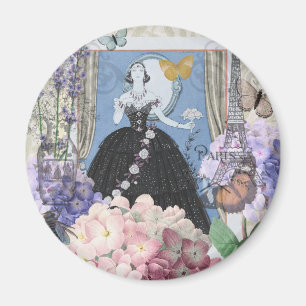 Blå elegant kvinna Blommig fin klänning Magnet