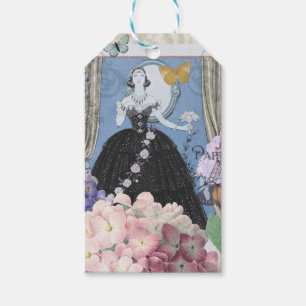 Blå elegant kvinna Blommig fin klänning  Presentetikett