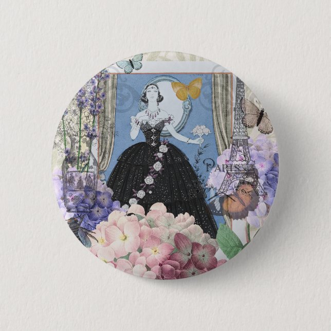 Blå elegant kvinna blomstergallerklänning  knapp (Framsida)