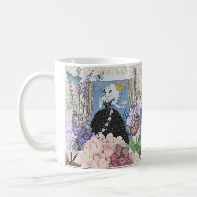 Blå elegant kvinna blomstergant fantastisk klännin kaffemugg (Vänster)