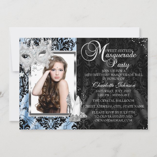 Blå Elegant Mask & Klackar Masquerade Foto Sweet16 Inbjudningar (Framsida)