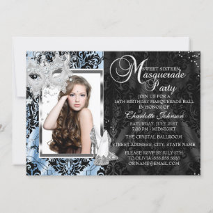 Blå Elegant Mask & Klackar Masquerade Foto Sweet16 Inbjudningar