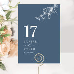 Blå Elegant, Minimalistisk Botanisk Bröllop Bordsnummer<br><div class="desc">Välkommen dina gäster till deras bord med detta eleganta blå och vita bröllopsbord nummerkort. Snygg och enkel design med namn på sidan tillsammans med "och" i modern handskriven kalligrafi. Diskret handritad botanisk grönska i hörnet. Vänligen lägg en individuell beställning för "varje" bordnummer (dvs för ett evenemang med tre bord, måste...</div>
