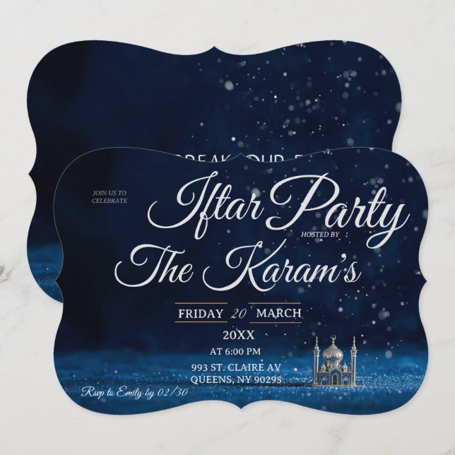 Blå Elegant Moské Ramadan Iftar-fest  Inbjudningar (Fram/baksida)