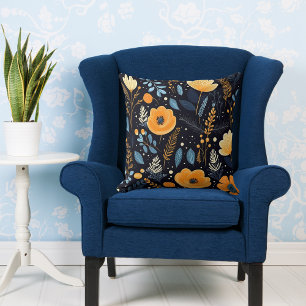 Blå Elegant, Orange Blå Löv, svart Kudde