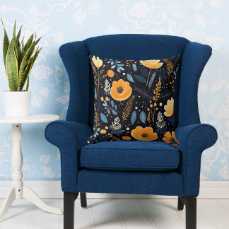 Blå Elegant, Orange Blå Löv, svart Kudde